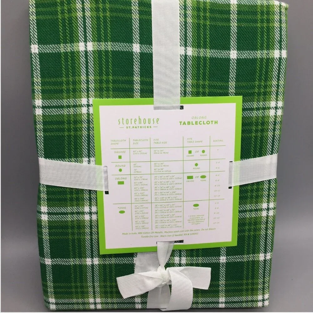 Storehouse St Patricks Day Green Tartan Plaid 60x84 Tablecloth White Silver  🍀